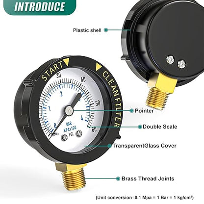 0-60PSI Pool Filter Pressure Gauge, 1/4" NPT Lower Mount, with Plastic Adjustable Bezel, Start and Clean Filter Pressure Gauge, for Swimming Pool, spa, Aquarium