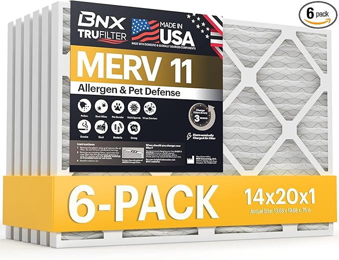 BNX TruFilter 14x20x1 Air Filter MERV 11 (6-Pack) - MADE IN USA - Allergen Defense Electrostatic Pleated Air Conditioner HVAC AC Furnace Filters for Allergies, Dust, Pet, Smoke, Allergy MPR 1200 FPR 7