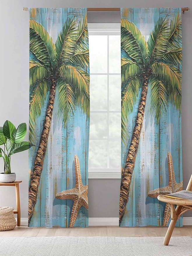 Sheer Curtains 84 Inches Long, Coastal Beach Tree Semi Sheer Curtains Light Filtering Window Treatment, Summer Tropical Starfish Wood Grain Privacy Voile Drapes for Living Room Bedroom 52x84 Inch