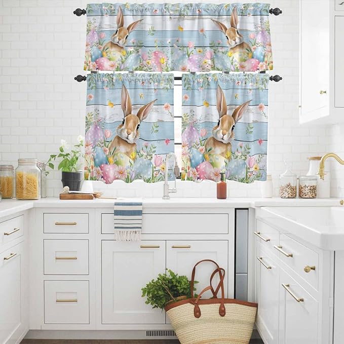 Kitchen Curtains Tiers and Valance Set of 3, Easter Light Filtering Window Curtain Set, Farmhouse Spring Rabbit Eggs Flowers Wooden Board Rod Pocket Curtain Drapes for Living Room, 36 Inches Tiers