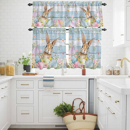 Kitchen Curtains Tiers and Valance Set of 3, Easter Light Filtering Window Curtain Set, Farmhouse Spring Rabbit Eggs Flowers Wooden Board Rod Pocket Curtain Drapes for Living Room, 36 Inches Tiers