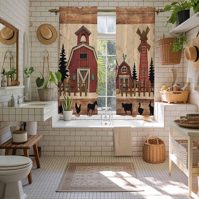 Brown Farmhouse Kitchen Curtains, Vintage Country Animals Wooden Grain Light Filtering Window Curtain Panels, 2Pcs Rod Pocket Window Treatments Set for Living Room Bathroom Bedroom 42x63 Inches
