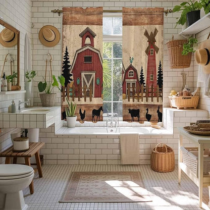 Brown Farmhouse Kitchen Curtains, Vintage Country Animals Wooden Grain Light Filtering Window Curtain Panels, 2Pcs Rod Pocket Window Treatments Set for Living Room Bathroom Bedroom 42x63 Inches