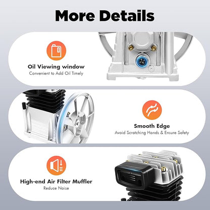 Air Compressor Pump Head, 2HP Air Compressor Pump-Head, 1500W Portable 52.83Gal/Min 10.24in Pulley Outer Diameter Aluminum Painting Twin Cylinder W/oil drain plug, Air Filter Muffler