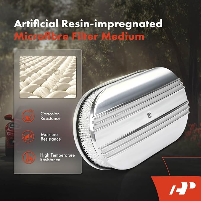 A-Premium Universal Air Cleaner Filter Assembly - Compatible with 15" x 2", Oval Chrome Polished Half Finned Air Cleaner