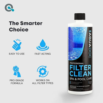 Hot Tub Filter Cleaner Soak, Pool Filter Cleaner & Pool Cartridge Cleaner - Spa Filter Cleaner Soak & Spa Filter Cleaning Solution for HotTub Cartridges. Easy to Use Filter Degreaser | AquaDoc 32oz