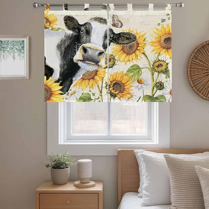 Yellow Sunflowers Kitchen Curtains 45 Inch Length, Short Cafe Window Curtains Tab Top, Country Cow Flower Butterfly Farmhouse Cream Light Filtering Window Treatments Tier Drapes 27.5"x45" 2 Panel