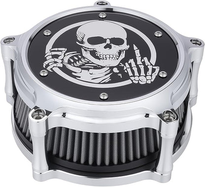 Motorcycle Air Filter Skull Style Air Cleaner with Filter Sock Dustproof Protective Cover Kit for Harley Touring 2000-07 Softail 2000-15 Dyna 2000-17, Excludes 2017 FXDLS (Chrome)