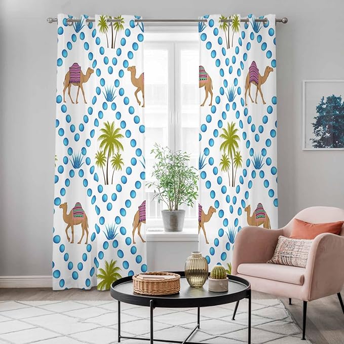 2 Panel Kitchen Cafe Curtains, Camels Palm Trees Sunlight Filtering Nature Air Through, Home Decor Window Covering Tier Curtains for Living Room 80W x 84L inch Tropical Desert Animal Plants Polka Dot