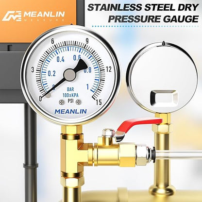 MEANLIN MEASURE 0~15Psi Dry Low Pressure Gauge Stainless Steel 1/4" NPT 2" FACE DIAL Waterproof for Water Oil Air Well Pump Tank Tire Pressure Test Lower Mount, with 1/2" NPT and 3/8" NPT Hex Bushing