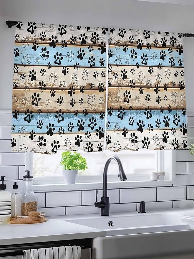 Sheer Curtains 45 Inch Length, Blue Brown Paw Prints Semi Sheer Curtains Light Filtering Window Treatment, Vintage Farmhouse Rustic Wooden Grain Privacy Voile Drapes for Living Room Bedroom 52x45 Inch