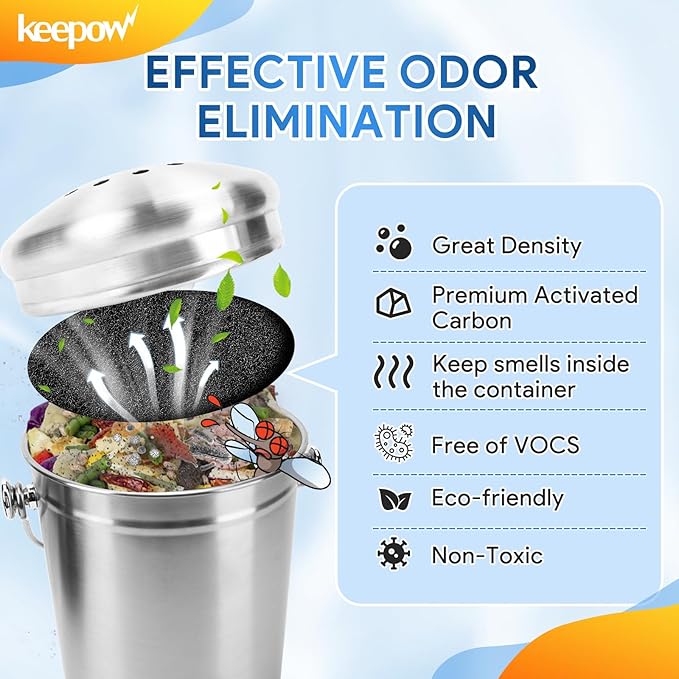 KEEPOW 10 Pack 6.75" Compost Bin Filter Replacement for Kitchen Compost Bin Countertop, Charcoal Filters for Compost Bucket, Activated Carbon Filter for Compost Pail Counter Refill Sets (Round)