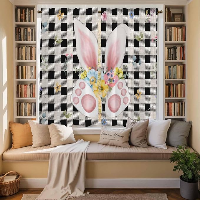 Easter Window Curtains 63 Inch Long 2 Panel Set, Rod Pocket Bedroom Curtains & Drapes, Spring Rabbits Ears Feet Wildflowers Black Plaid Light Filtering Window Treatment for Living Room 42"W x 63"L
