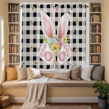 Easter Window Curtains 63 Inch Long 2 Panel Set, Rod Pocket Bedroom Curtains & Drapes, Spring Rabbits Ears Feet Wildflowers Black Plaid Light Filtering Window Treatment for Living Room 42"W x 63"L