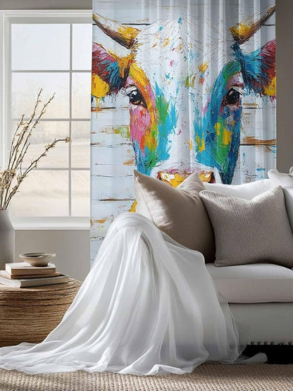 Sheer Curtains 72 Inches Long, Funny Colorful Cow Semi Sheer Curtains Light Filtering Window Treatment, Retro Rustic Oil Painting Wood Grain Privacy Voile Drapes for Living Room Bedroom 52x72 Inch