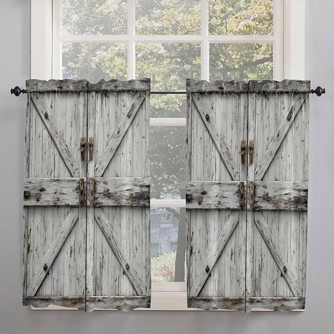 Vintage Gate Kitchen Curtains 54 Inches Length, Farmhouse Wooden Grain Shabby Chic Door Window Treatment Curtain Drapes, Decorative Window Curtains for Bedroom Cafe, 52"x54", 2 Panels