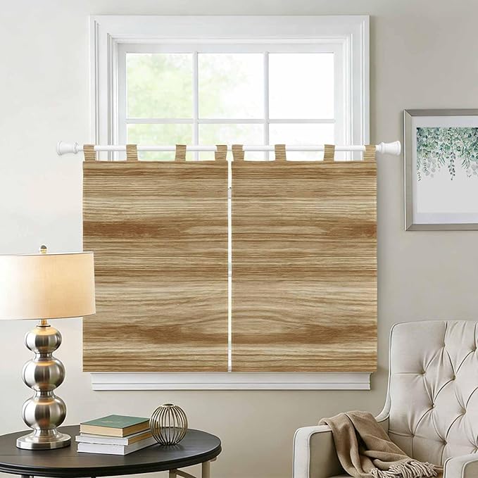 Light Brown Wood Grain Kitchen Curtains 45 Inch Length, Short Cafe Window Curtains Tab Top, Western Farmhouse Barn Door Light Filtering Window Treatments Tier Drapes 27.5"x45" 2 Panel
