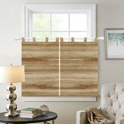 Light Brown Wood Grain Kitchen Curtains 45 Inch Length, Short Cafe Window Curtains Tab Top, Western Farmhouse Barn Door Light Filtering Window Treatments Tier Drapes 27.5"x45" 2 Panel