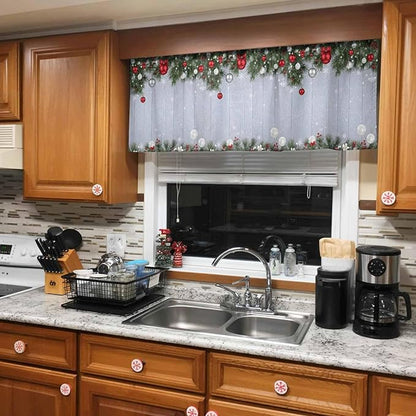 Christmas Curtain Valances for Windows, Kitchen Valance Window Treatment, Winter Xmas Balls Pine Branches Wooden Grain Light Filtering Block Curtains for Bathroom/Bedroom/Living Room 54'' x 18''