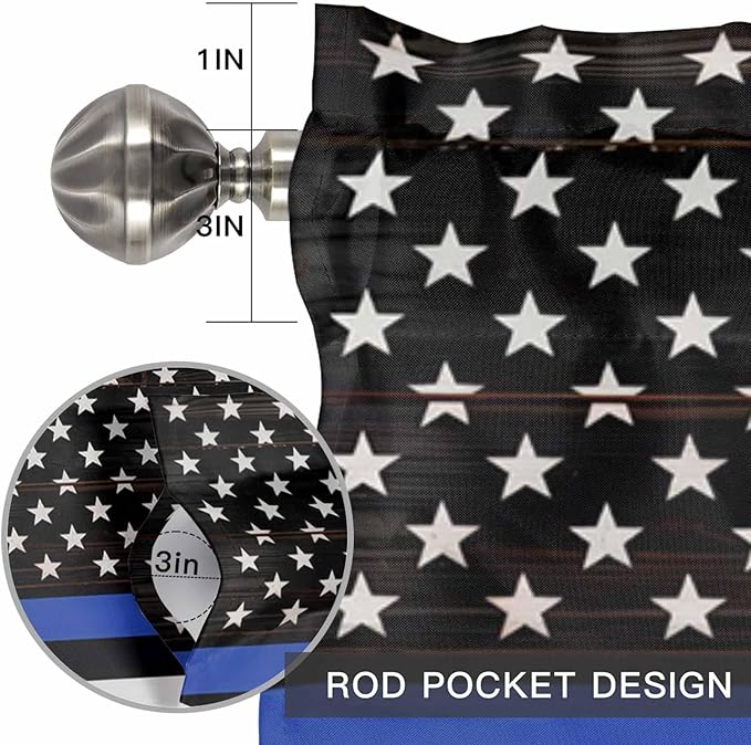 American Flag Valances for Windows, Blue Line Star Black White Stripes Wood Grain Kitchen Valance Light Filtering Rod Pocket Short Curtains for Kitchen Bathroom, 1 Panel, 42"x18"