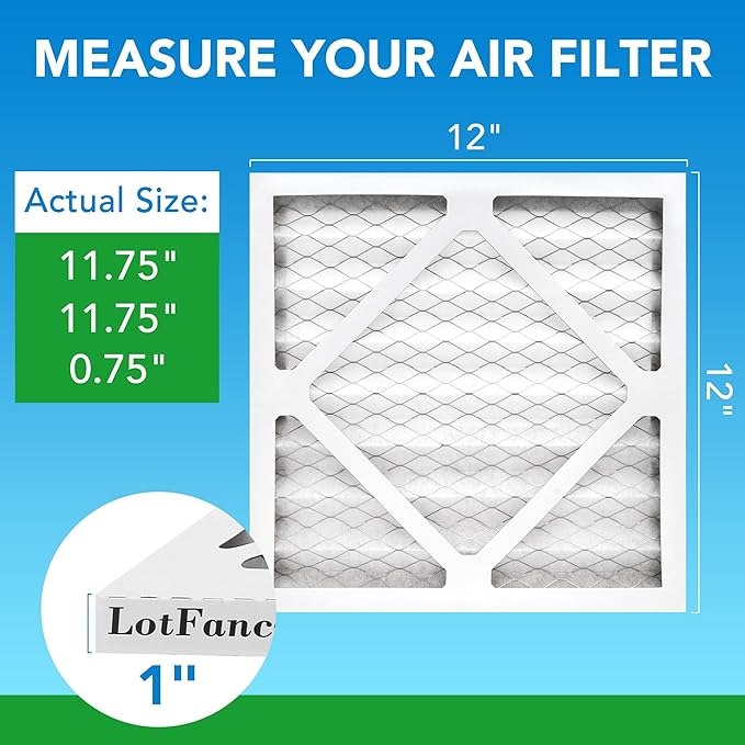 LotFancy 12x12x1 Air Filter MERV 8 6-Pack, Electrostatic Pleated Furnace & AC Filter, Captures Dust, Pet Hair, Pollen, Actual Size: 11.75"x11.75"x0.75"