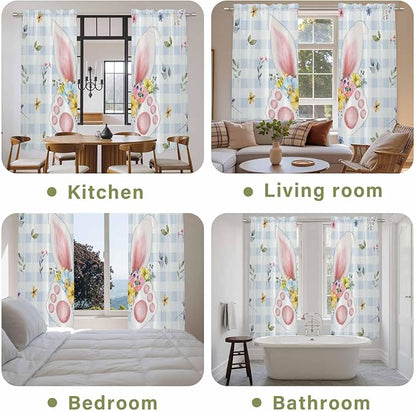 Easter Window Curtains 72 Inch Long 2 Panel Set, Rod Pocket Long Curtains & Drapes, Spring Rabbits Ears Feet Floral Blue Lattice Light Filtering Window Treatment for Bedroom Living Room 52"W x 72"L