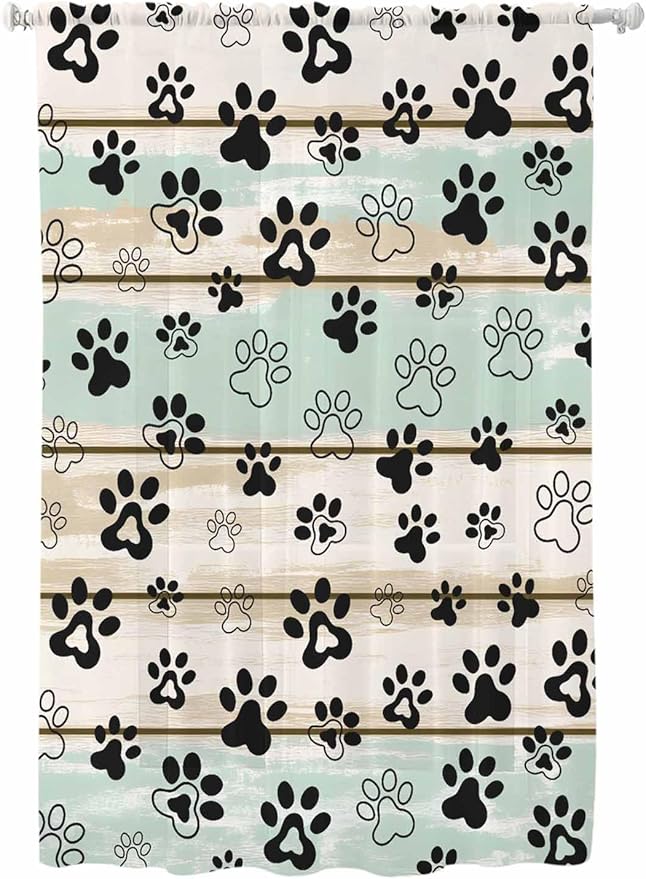 Sheer Curtains 63 Inch Length, Sage Green Beige Farmhouse Semi Sheer Curtains Light Filtering Window Treatment, Black Dog Paw Vintage Wooden Privacy Voile Drapes for Living Room Bedroom 52x63 Inch