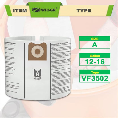 15 Pack VF3502 Repalcement Bags for Rigid Shop Vac Bags 16 Gallon Size A, compatible with RIDGID 12-16 Gallon Wet/Dry Vacuums, High Efficiency Dust Filter Bags, Part# 23743