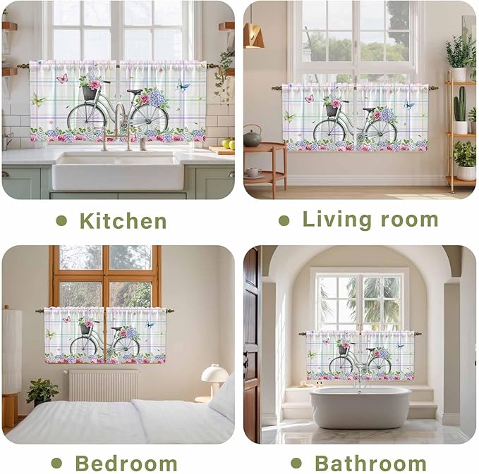 Spring Tier Curtains, Bicycles Botanical Leaves Rose Colorful Stripes Light Filtering Kitchen Curtains, 2Pcs Rod Pocket Half Window Treatments Panels for Sink Cafe Cabinet Camper 27.5x36 Inches