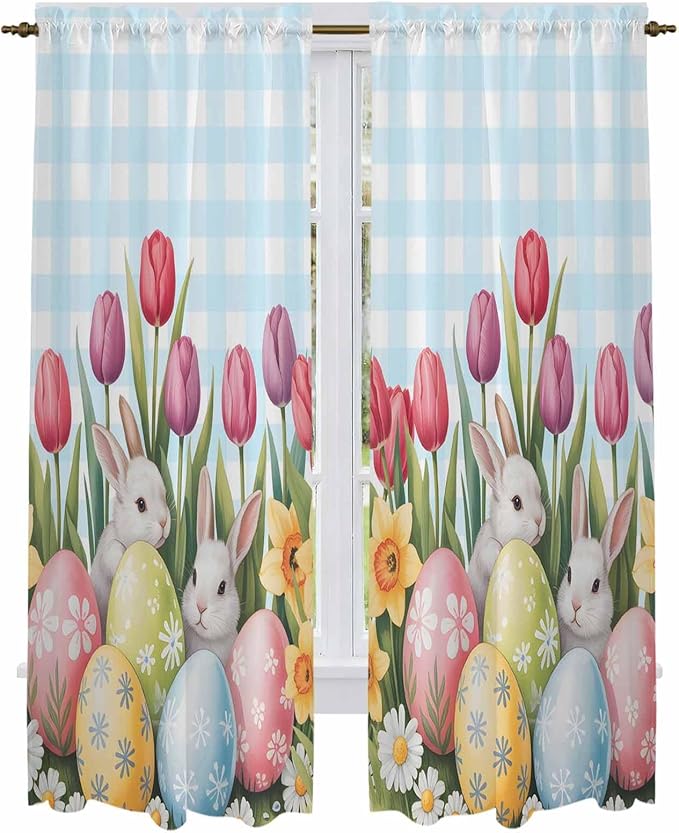 Easter Window Curtains 72 Inch Long 2 Panel Set,Rod Pocket Long Curtains & Drapes,Spring Bunny Colorful Eggs Tulip Flowers Blue Check Light Filtering Window Treatment for Bedroom 52"W x 72"L