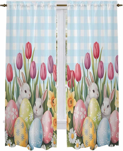 Easter Window Curtains 72 Inch Long 2 Panel Set,Rod Pocket Long Curtains & Drapes,Spring Bunny Colorful Eggs Tulip Flowers Blue Check Light Filtering Window Treatment for Bedroom 52"W x 72"L