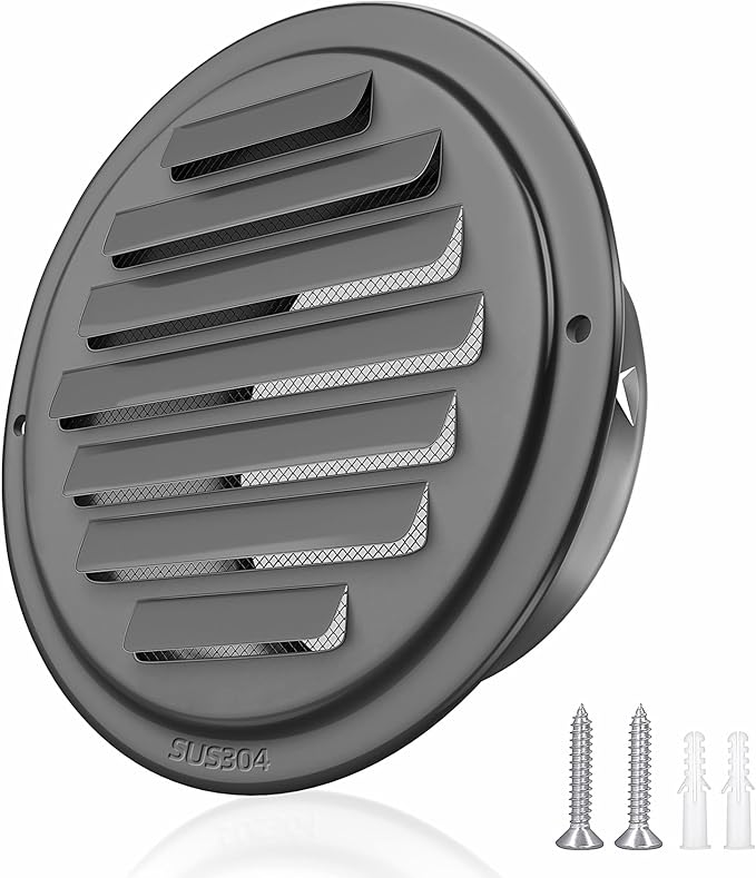 3inch 304 Stainless Steel Air Vents, Louvered Grille Cover Vent Hood Flat Ducting Ventilation Air Vent Wall Air Outlet with Fly Screen Mesh for House (3 inch Black Paint Cover （70mm）)