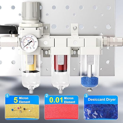 TAILONZ PNEUMATIC 0-150PSI 1/2 Inch NPT Grade 3 Stage Air Drying System, Particulate Filter, 5/0.01 Micron Filter Air Filter Pressure Regulator (Manual Drainage）