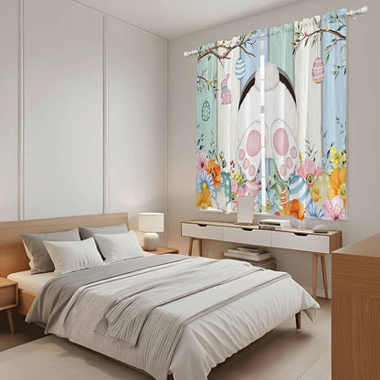 Easter Window Curtains 63 Inch Long 2 Panel Set, Rod Pocket Bedroom Curtains & Drapes, Spring Watercolor Bunny Eggs Wood Grain Teal Blue Light Filtering Window Treatment for Living Room 42"W x 63"L