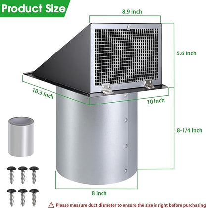 8 inch Hooded Wall Vent with Screen and Damper,Wall Vent Cover Exhaust Vent Outdoor Wall Cap Exterior Air Vent Cover for Kitchen Range Hood HVAC Duct Dryer Ventilation,Galvanized Steel,Black