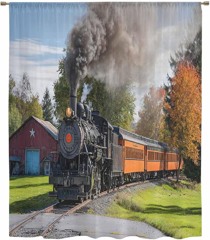 Steam Train Sheer Curtains 108 Inch Length Railroad Country Barn Rustic Trees Farmhouse Chiffon Curtain for Bedroom Living Room Light Filtering Rod Pocket Window Treatments Voile Curtains Drapes
