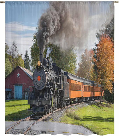 Steam Train Sheer Curtains 108 Inch Length Railroad Country Barn Rustic Trees Farmhouse Chiffon Curtain for Bedroom Living Room Light Filtering Rod Pocket Window Treatments Voile Curtains Drapes