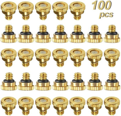 KUWAN 0.016" Orifice (0.4mm) Thread UNC 10/24 Brass Misting Nozzles Low Pressure Atomizing Misting Sprayer Water Hose Nozzle for Greenhouse, Landscaping, Outdoor Cooling Mister System (100PCS)