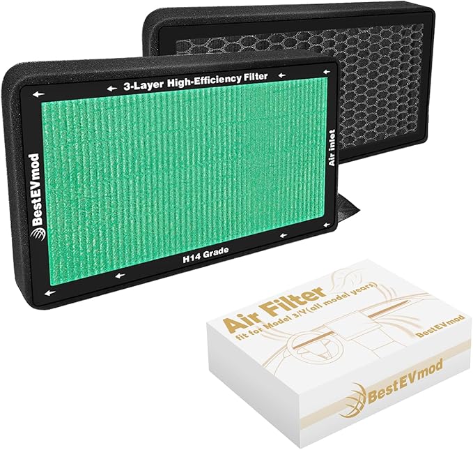 BestEvMod 2 Pack Upgraded Tesla Model 3/Y Cabin Air Filter Replacement HEPA Air Filter with Activated Carbon for 2017-2026 Model 3 & Highland/ 2020-2026 Model Y & Juniper (H14 Precision Filtration)