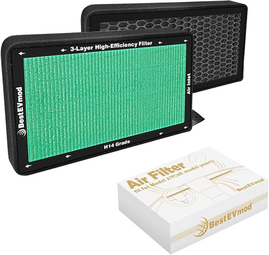 BestEvMod 2 Pack Upgraded Tesla Model 3/Y Cabin Air Filter Replacement HEPA Air Filter with Activated Carbon for 2017-2026 Model 3 & Highland/ 2020-2026 Model Y & Juniper (H14 Precision Filtration)