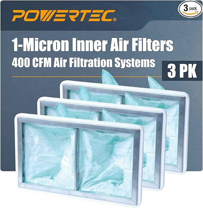 POWERTEC 1 Micron Inner Air Filter for WEN 3410, POWERTEC AF4000/AF4001, Shop Fox W1830 Air Filtration System, Replacement for WEN 90243-026-2 Woodworking Air Filters for Workshop & Garage, 3PK