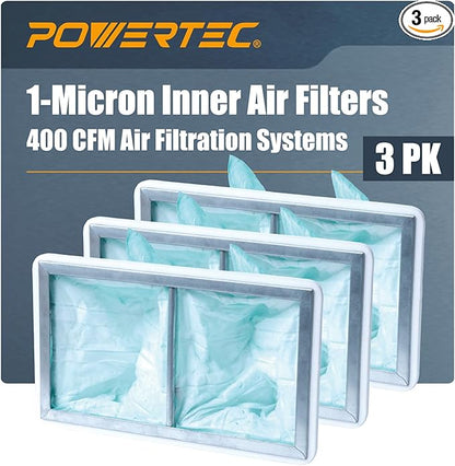 POWERTEC 1 Micron Inner Air Filter for WEN 3410, POWERTEC AF4000/AF4001, Shop Fox W1830 Air Filtration System, Replacement for WEN 90243-026-2 Woodworking Air Filters for Workshop & Garage, 3PK