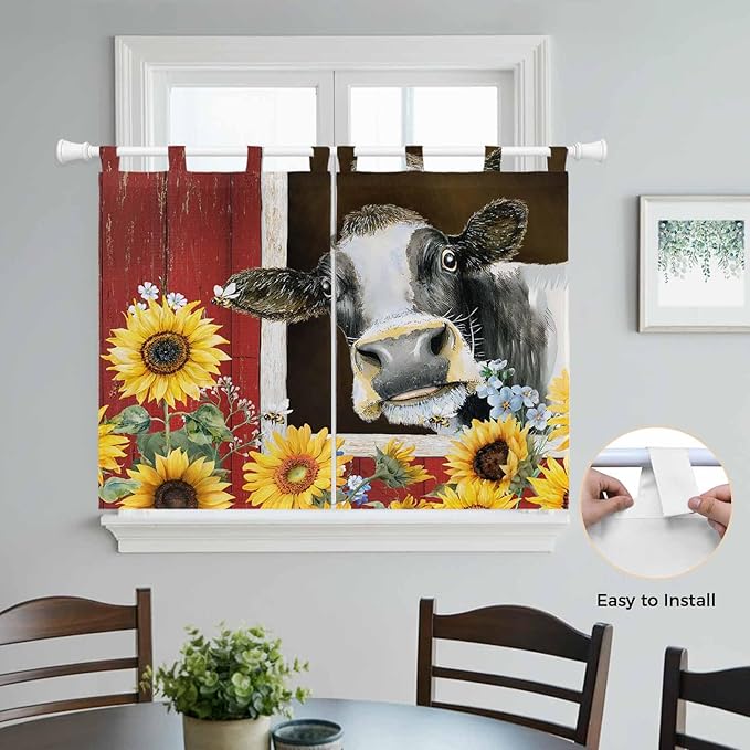 Cows Sunflowers Kitchen Curtains 45 Inch Length, Short Cafe Window Curtains Tab Top, Rustic Farms Barns Flowers Bees Animals Light Filtering Window Treatments Tier Drapes 27.5"x45" 2 Panel
