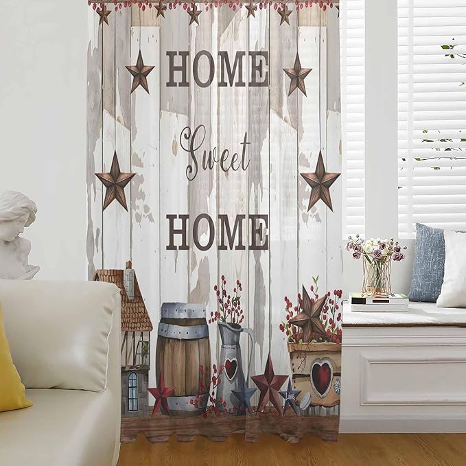 Farmhouse Sheer Curtains 72 Inch Length Retro Country Star Berry Vintage Wood Grain Chiffon Curtain for Bedroom Living Room Light Filtering Rod Pocket Window Treatments Voile Curtains Drapes