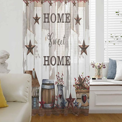 Farmhouse Sheer Curtains 72 Inch Length Retro Country Star Berry Vintage Wood Grain Chiffon Curtain for Bedroom Living Room Light Filtering Rod Pocket Window Treatments Voile Curtains Drapes