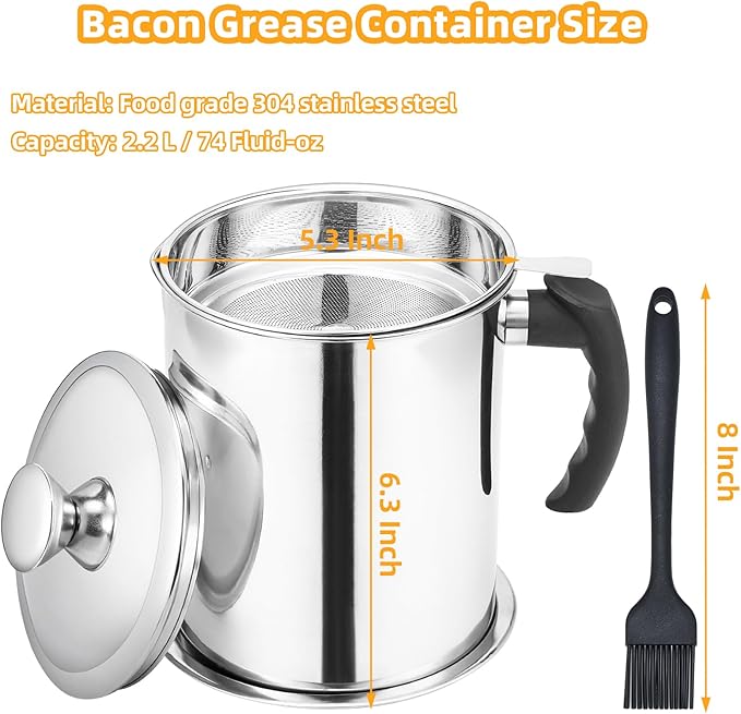 Kaemi 2.2L / 74OZ Bacon Grease Container With Strainer, Bacon Grease Keeper,Oil Storage Container for Kitchen,Filtered Oil Jug With Lid and Easy Grip Handle for Storing Meat Frying and Cooking Oil