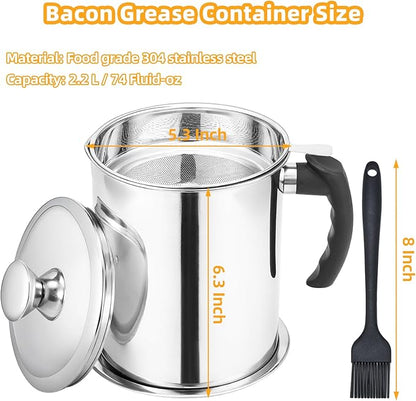 Kaemi 2.2L / 74OZ Bacon Grease Container With Strainer, Bacon Grease Keeper,Oil Storage Container for Kitchen,Filtered Oil Jug With Lid and Easy Grip Handle for Storing Meat Frying and Cooking Oil