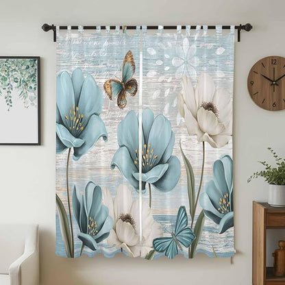 Spring Floral Living Room Curtains 84 Inch Length, Window Curtains Tab Top, Vintage Tulips Flower Butterfly Retro Wood Blue Light Filtering Window Treatments Drapes 52"x84" 2 Panel