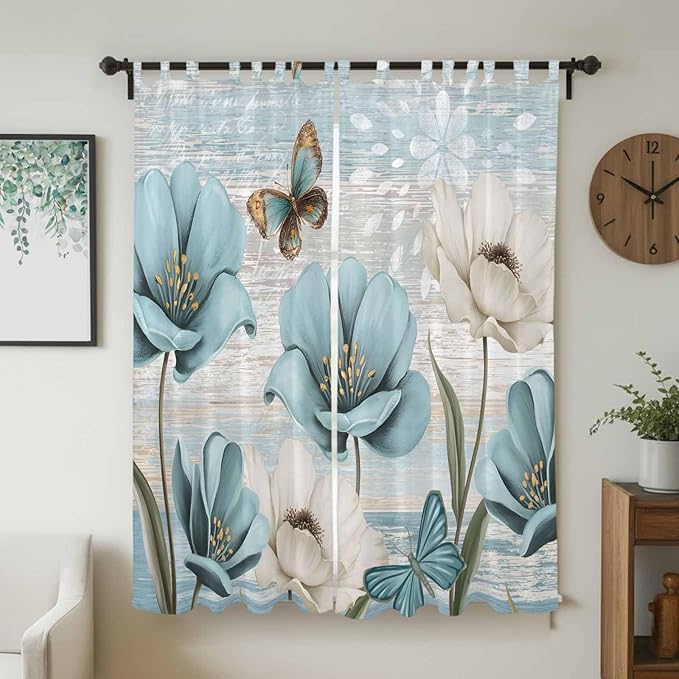 Spring Floral Living Room Curtains 96 Inch Length, Window Curtains Tab Top, Vintage Tulips Flower Butterfly Retro Wood Blue Light Filtering Window Treatments Drapes 52"x96" 2 Panel