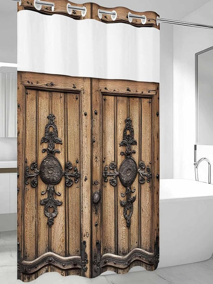 Wood Barn Door No Hook Shower Curtain with Snap in Liner Set, Waterproof Shower Curtains for Bathroom, Wooden Plank Fabric Shower Curtain, See Through Mesh Top Window, 36" W x 78" L